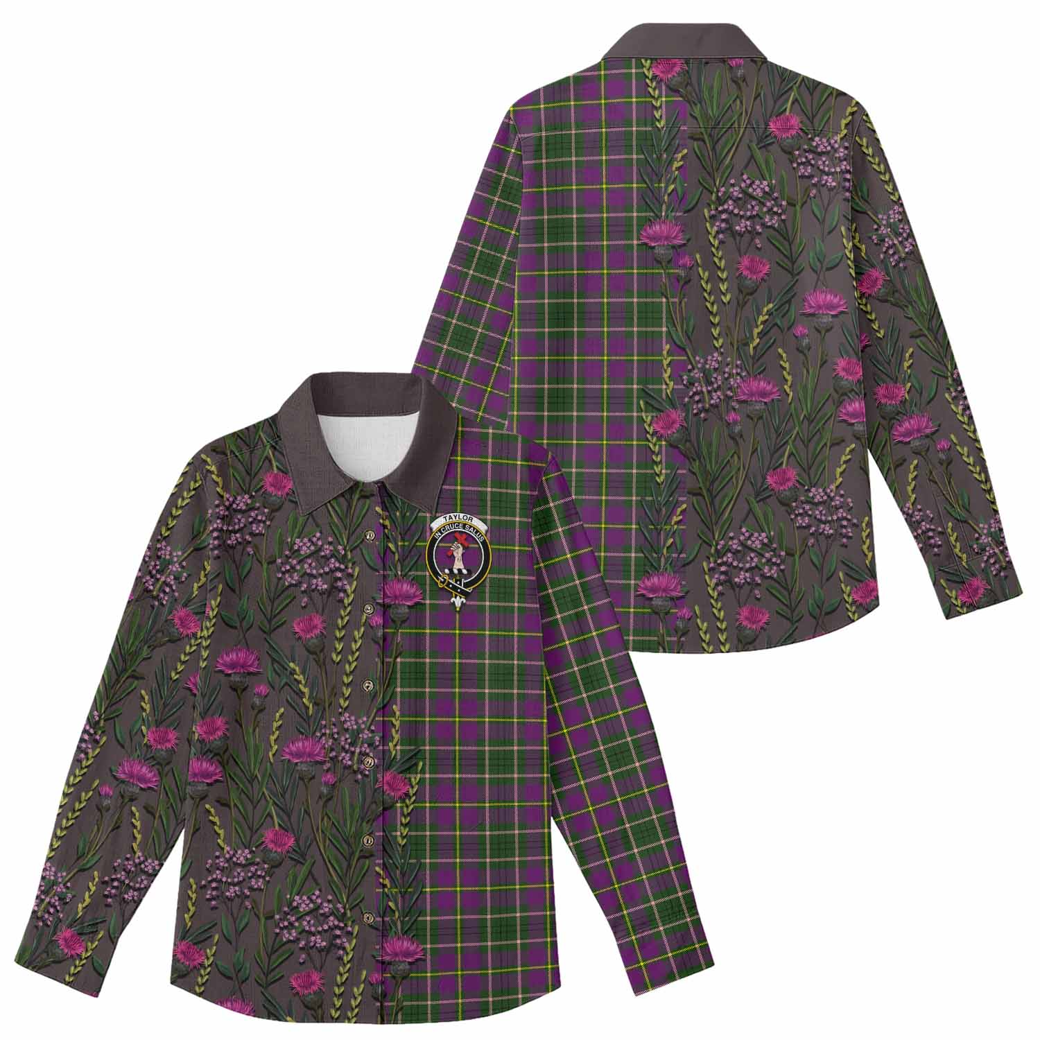Taylor (Tailyour) Family Crest Tartan Women Casual Shirt Scottish Thistle Flower Pattern Half Style - Tartan Vibes Clothing