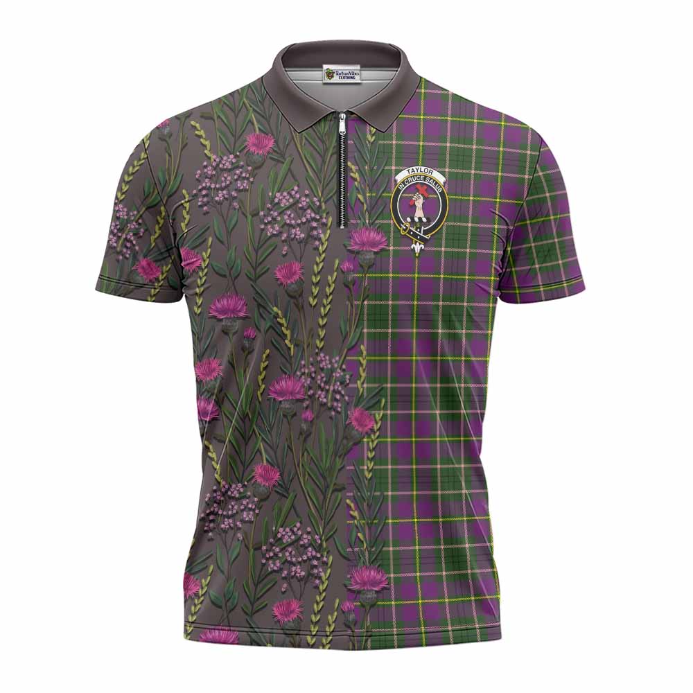 Taylor (Tailyour) Family Crest Tartan Zipper Polo Shirt Scottish Thistle Flower Pattern Half Style - Tartan Vibes Clothing