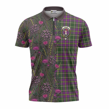 Taylor (Tailyour) Family Crest Tartan Zipper Polo Shirt Scottish Thistle Flower Pattern Half Style