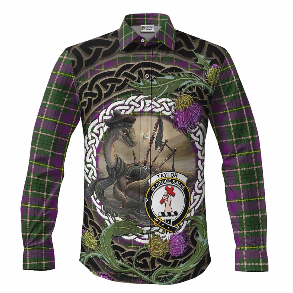 Taylor (Tailyour) Tartan Crest Bagpipe Nessie Long Sleeve Button Shirts Scottish Loch Ness Monster Celtic Thistle