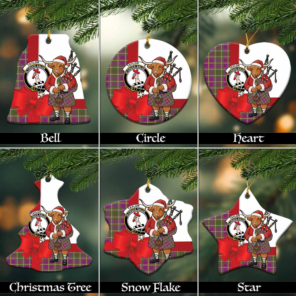 Taylor (Tailyour) Tartan Crest Christmas Ceramic Ornament Highland Cow Bagpipes Coquette Bow Style