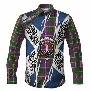Taylor (Tailyour) Tartan Crest Long Sleeve Button Shirts Scotland Flag Ripped Tribal Design