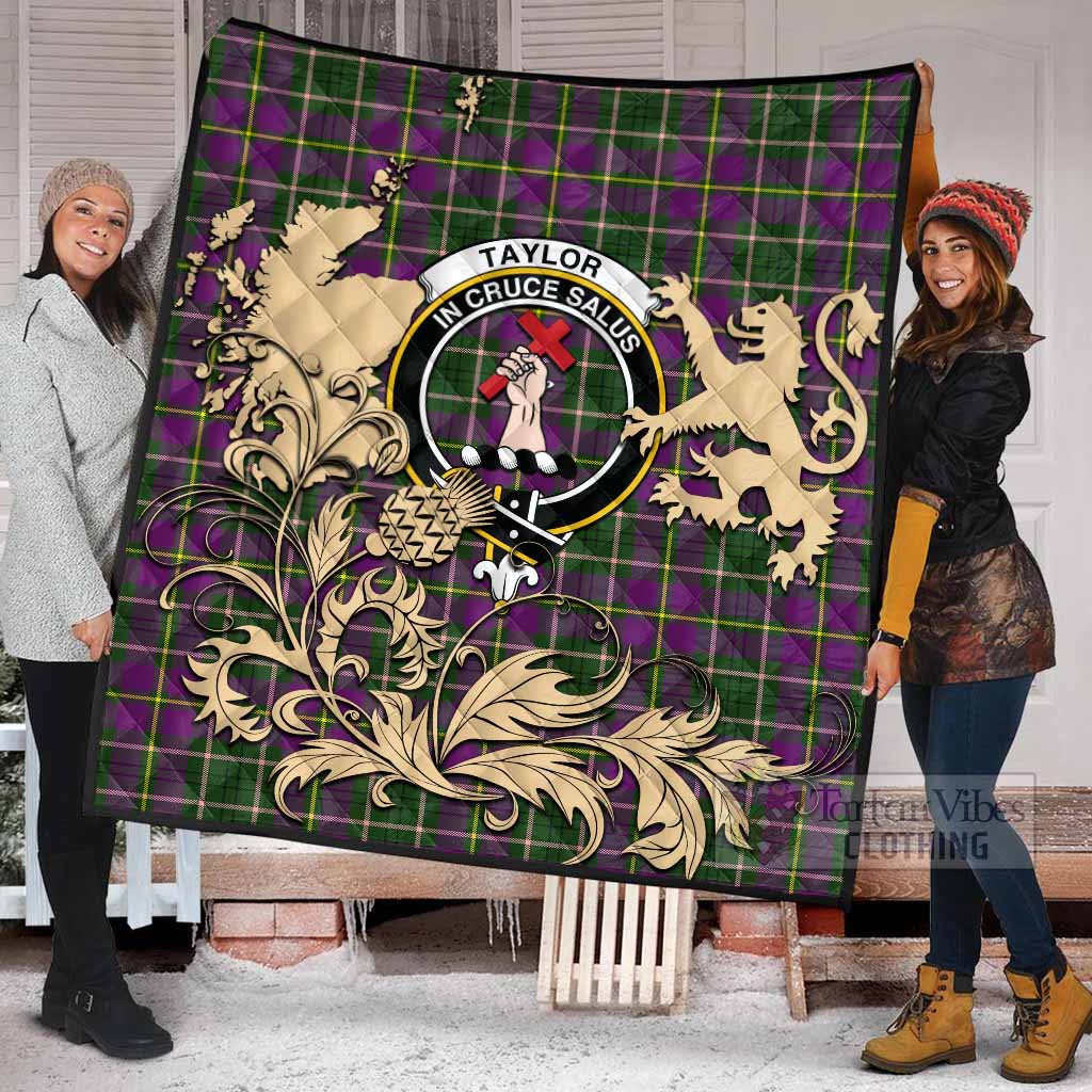 Taylor (Tailyour) Tartan Crest Premium Quilt with Scottish Iconic Symbols 