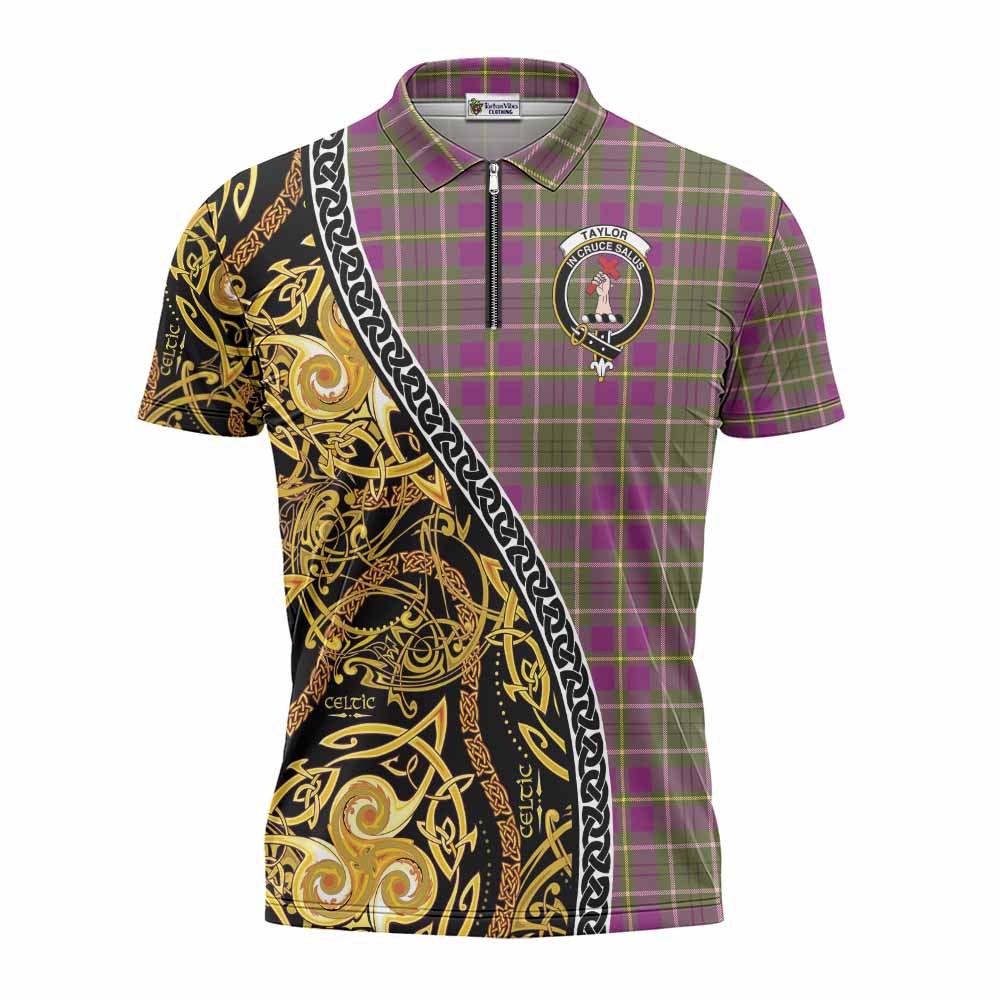 Taylor (Tailyour) Tartan Crest Zipper Polo Shirt Celtic Knot and Triple Trickle Spiral Symbols