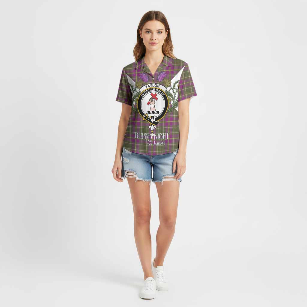 Taylor (Tailyour) Tartan Family Crest Cotton Hawaiian Shirt Scottish Burns Night Thistle Floral