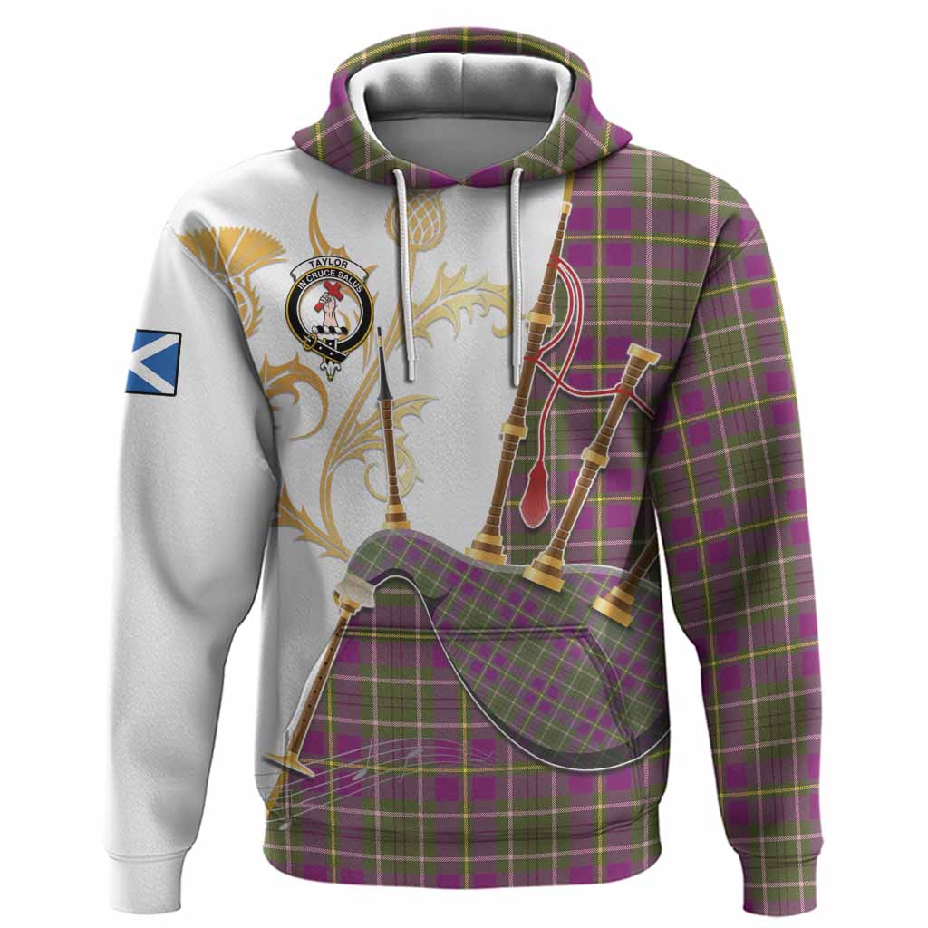 Taylor (Tailyour) Tartan Family Crest Hoodie Bagpipes with Scottish Thistle