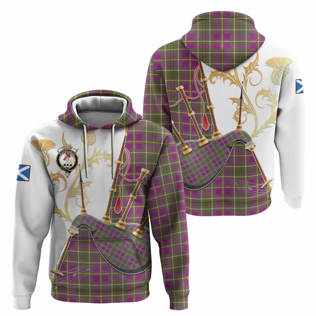 Taylor (Tailyour) Tartan Family Crest Hoodie Bagpipes with Scottish Thistle