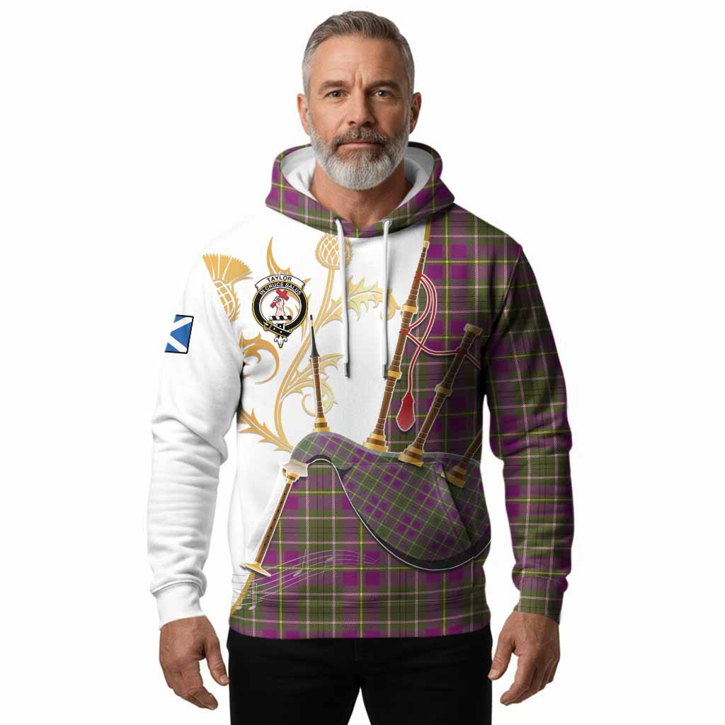 Taylor (Tailyour) Tartan Family Crest Hoodie Bagpipes with Scottish Thistle
