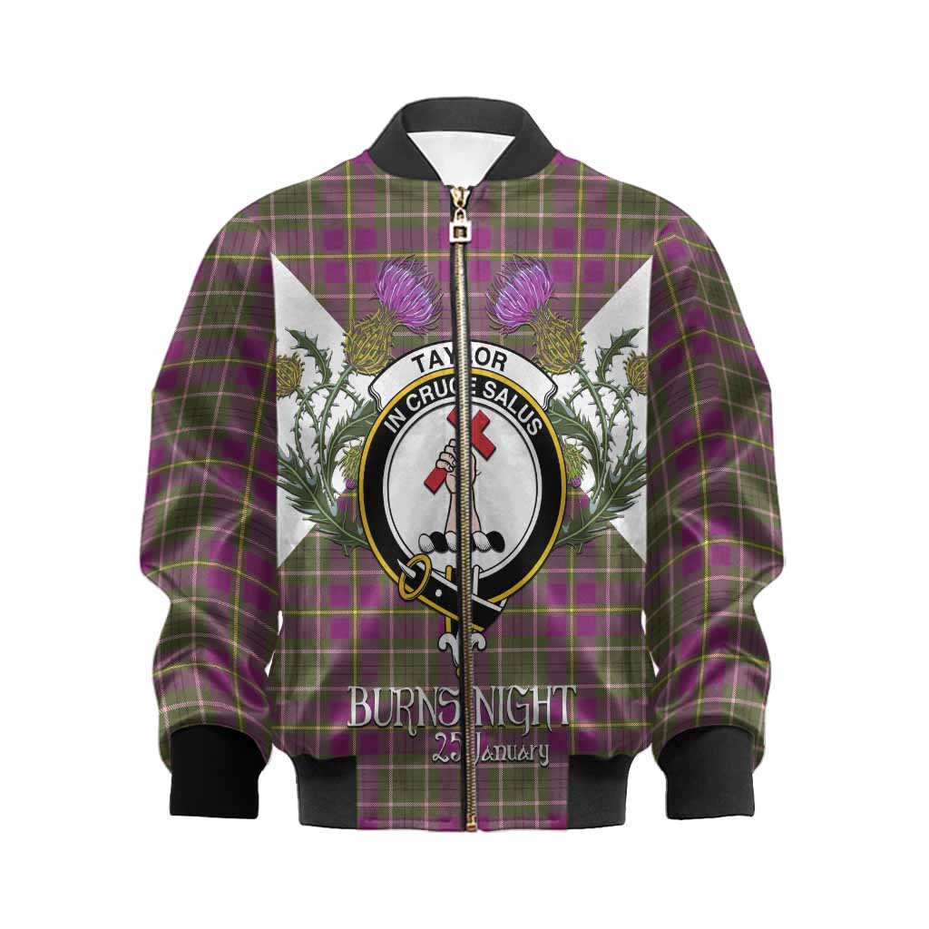 Taylor (Tailyour) Tartan Family Crest Kid Bomber Jacket Scottish Burns Night Thistle Floral