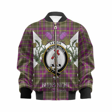 Taylor (Tailyour) Tartan Family Crest Kid Bomber Jacket Scottish Burns Night Thistle Floral