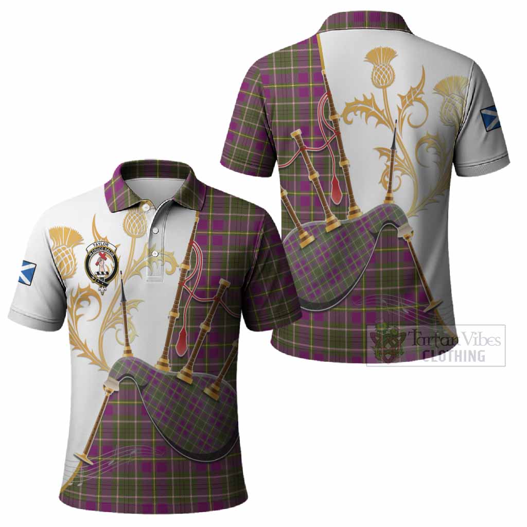 Taylor (Tailyour) Tartan Family Crest Polo Shirt Bagpipes with Scottish Thistle