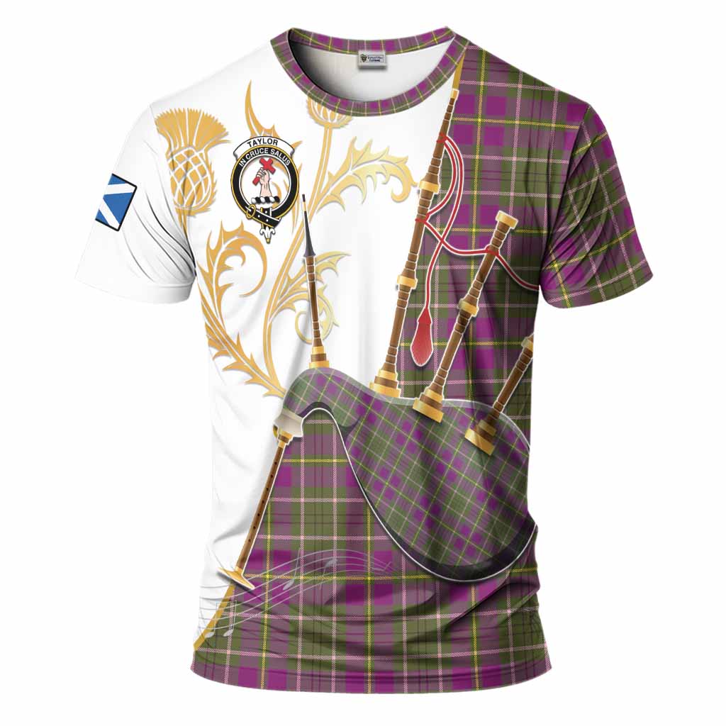 Taylor (Tailyour) Tartan Family Crest T-Shirt Bagpipes with Scottish Thistle