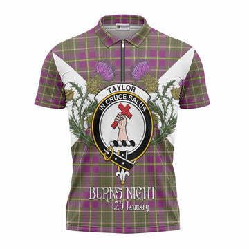 Taylor (Tailyour) Tartan Family Crest Zipper Polo Shirt Scottish Burns Night Thistle Floral