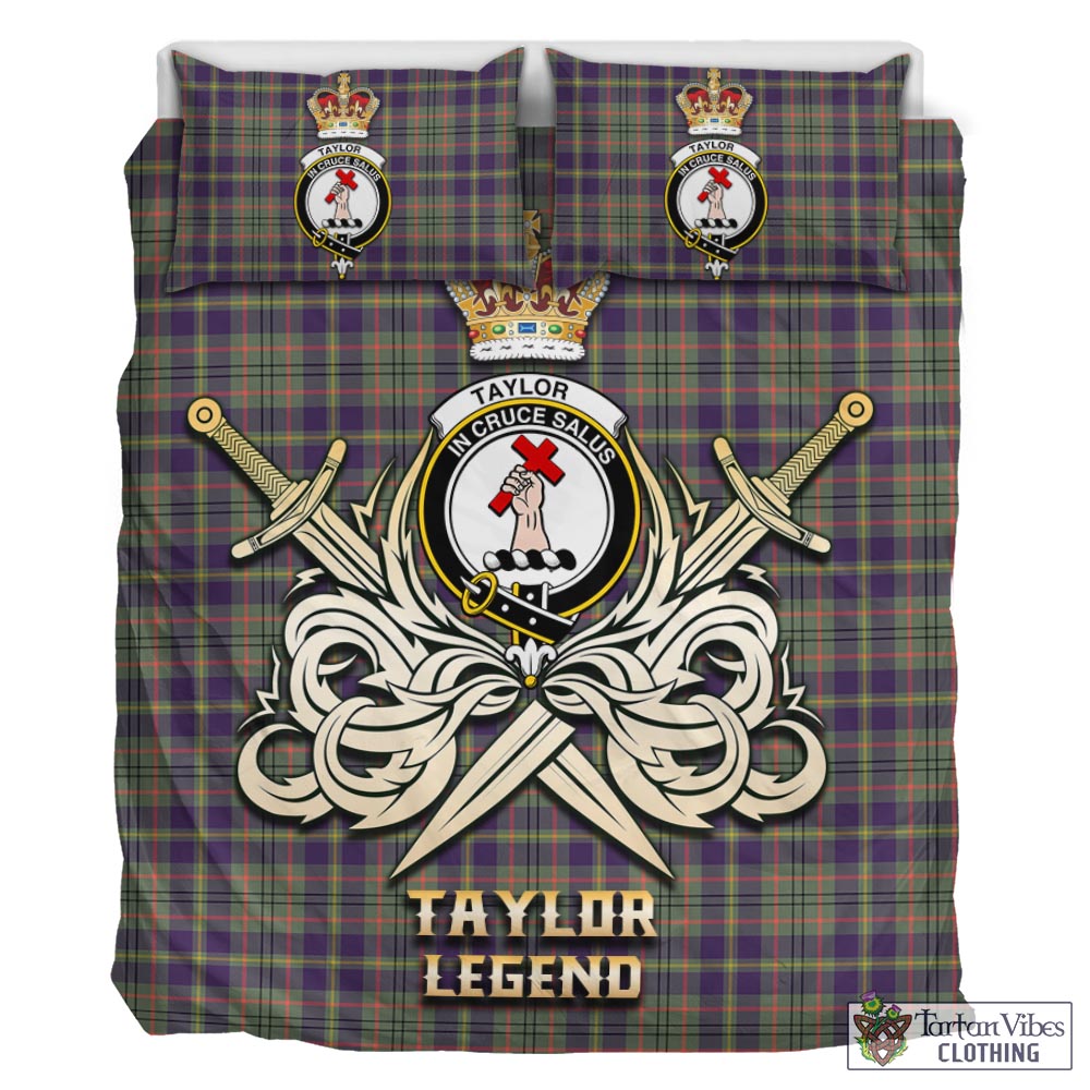 Tartan Vibes Clothing Taylor Weathered Tartan Bedding Set with Clan Crest and the Golden Sword of Courageous Legacy