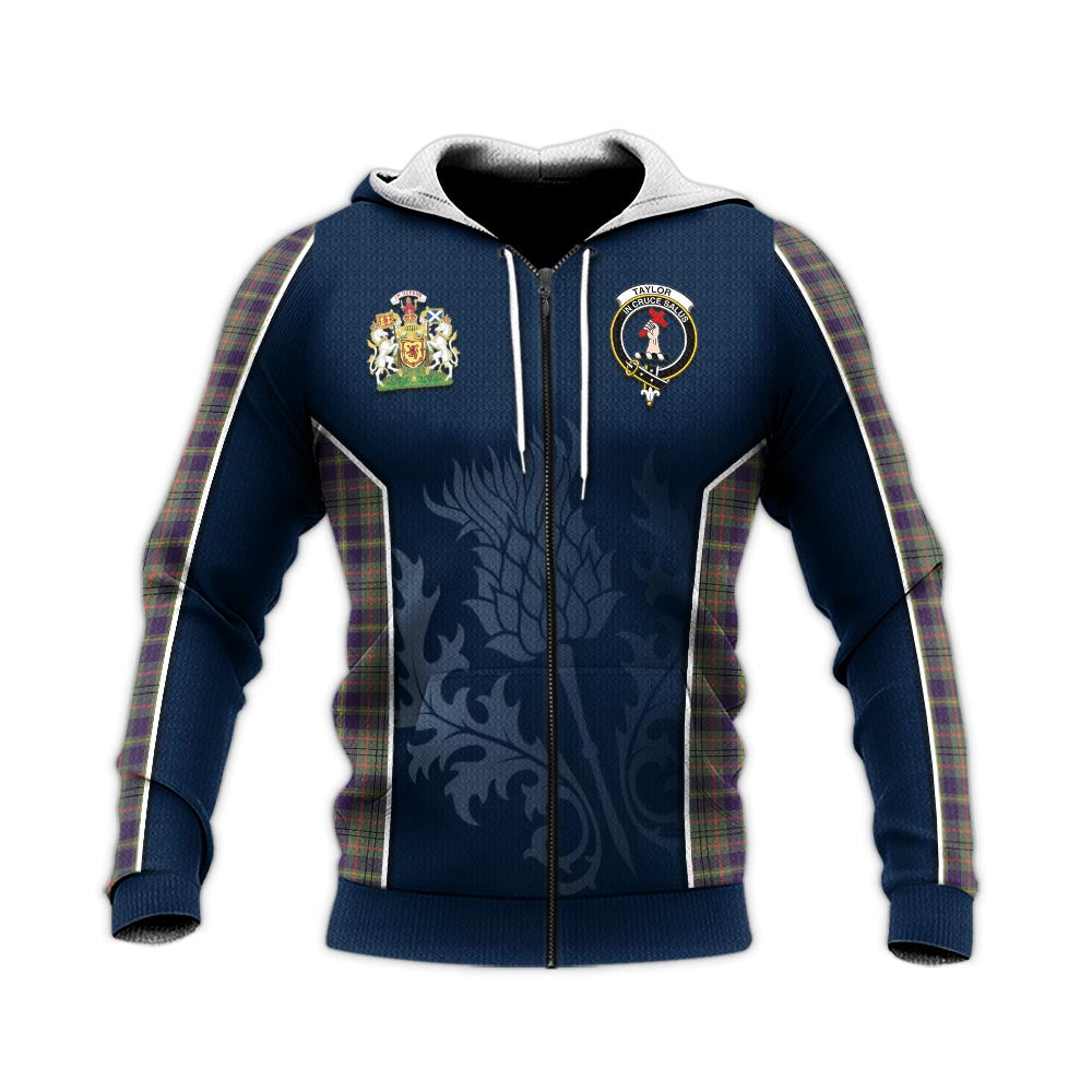 Tartan Vibes Clothing Taylor Weathered Tartan Knitted Hoodie with Family Crest and Scottish Thistle Vibes Sport Style