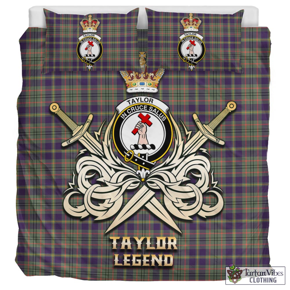 Tartan Vibes Clothing Taylor Weathered Tartan Bedding Set with Clan Crest and the Golden Sword of Courageous Legacy