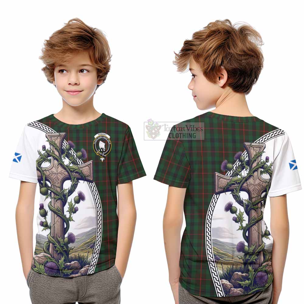 Tartan Vibes Clothing Tennant Tartan Kid T-Shirt with Family Crest and St. Andrew's Cross Accented by Thistle Vines
