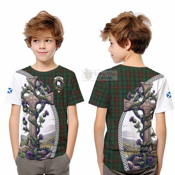 Tartan Vibes Clothing Tennant Tartan Kid T-Shirt with Family Crest and St. Andrew's Cross Accented by Thistle Vines