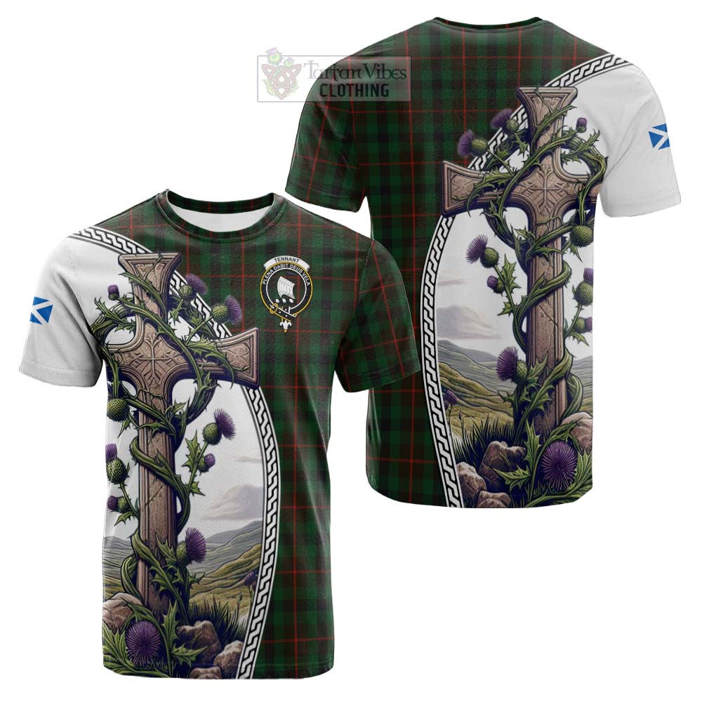 Tartan Vibes Clothing Tennant Tartan Cotton T-shirt with Family Crest and St. Andrew's Cross Accented by Thistle Vines
