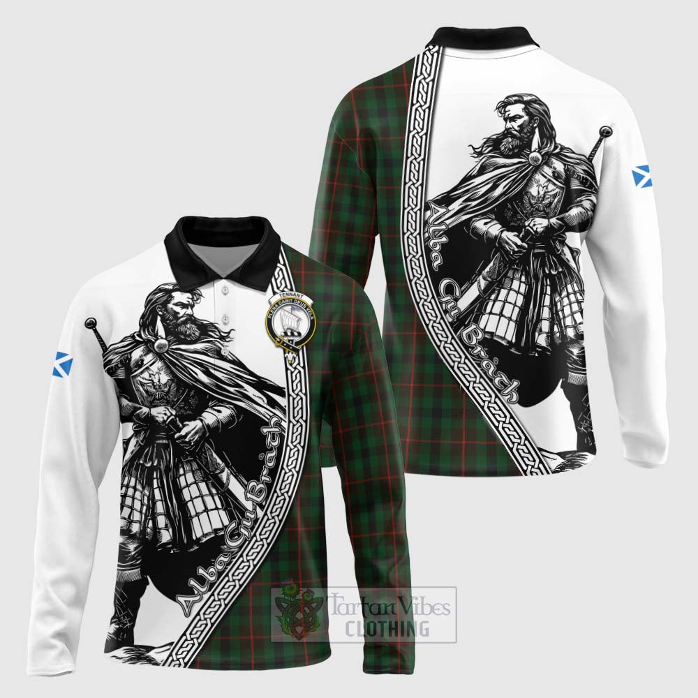 Tennant Tartan Clan Crest Long Sleeve Polo Shirt with Highlander Warrior Celtic Style Unisex - Tartan Vibes Clothing