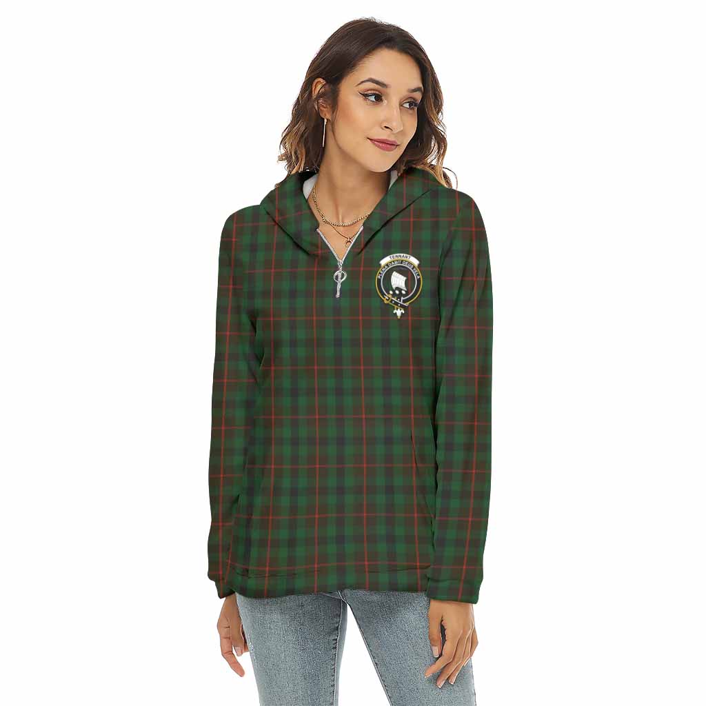 Tennant Tartan Women's Borg Fleece Hoodie with Half Zip with Family Crest Female - Tartan Vibes Clothing
