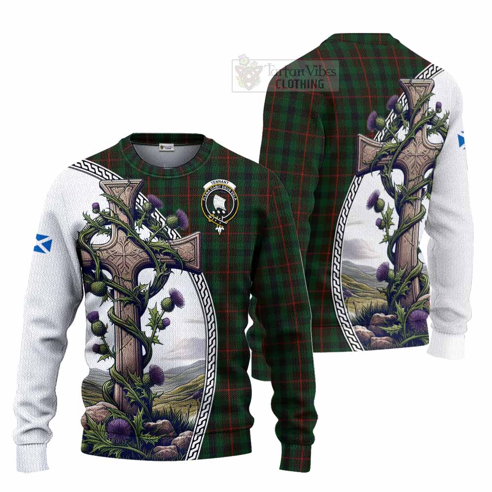 Tartan Vibes Clothing Tennant Tartan Knitted Sweater with Family Crest and St. Andrew's Cross Accented by Thistle Vines