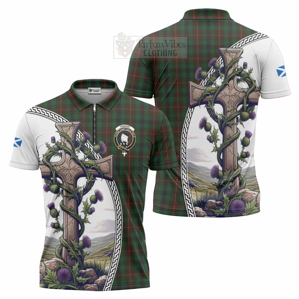 Tartan Vibes Clothing Tennant Tartan Zipper Polo Shirt with Family Crest and St. Andrew's Cross Accented by Thistle Vines
