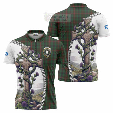 Tartan Vibes Clothing Tennant Tartan Zipper Polo Shirt with Family Crest and St. Andrew's Cross Accented by Thistle Vines