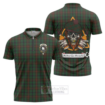 Tennant Tartan Zipper Polo Shirt with Family Crest and Bearded Skull Holding Bottles of Whiskey Unisex - Tartan Vibes Clothing