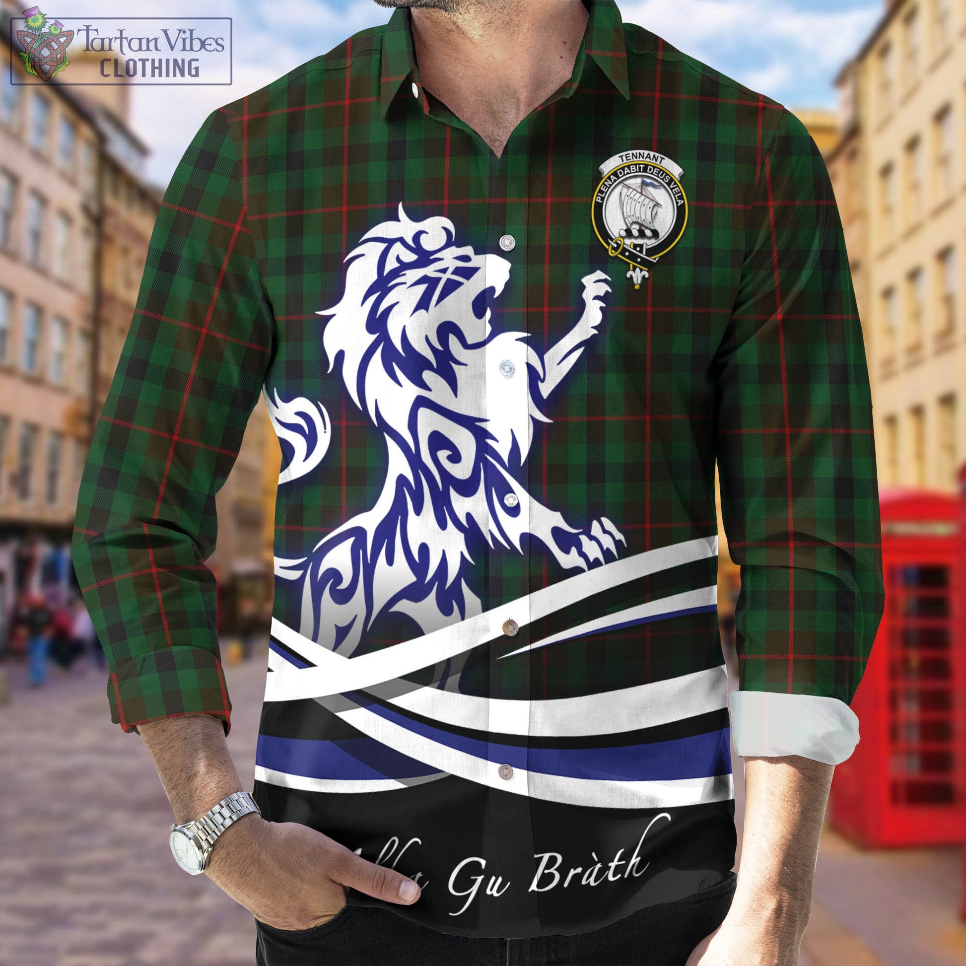 Tennant Tartan Long Sleeve Button Up Shirt with Alba Gu Brath Regal Lion Emblem Men's Shirt - Tartan Vibes Clothing