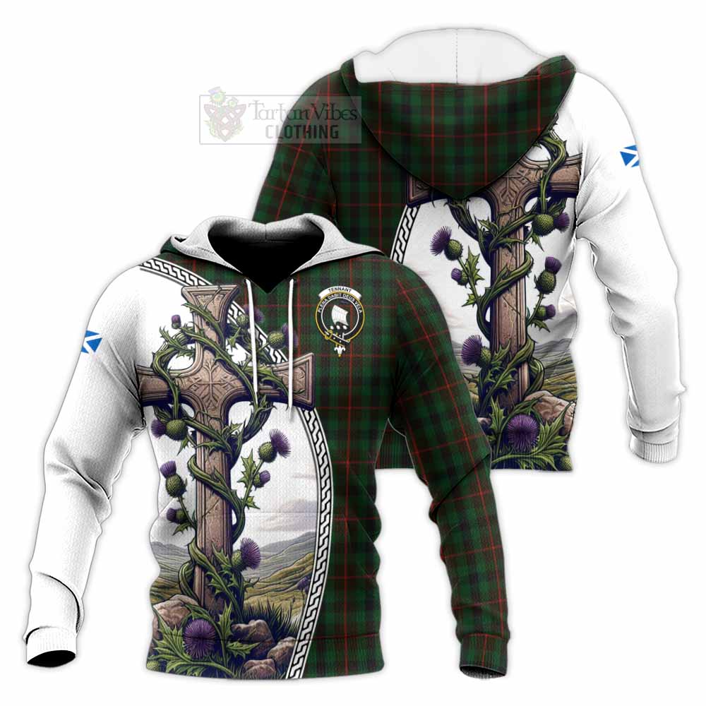 Tartan Vibes Clothing Tennant Tartan Knitted Hoodie with Family Crest and St. Andrew's Cross Accented by Thistle Vines