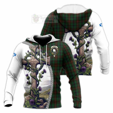 Tartan Vibes Clothing Tennant Tartan Knitted Hoodie with Family Crest and St. Andrew's Cross Accented by Thistle Vines