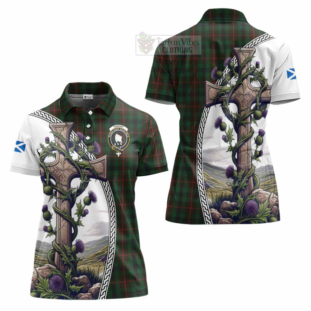 Tartan Vibes Clothing Tennant Tartan Women's Polo Shirt with Family Crest and St. Andrew's Cross Accented by Thistle Vines