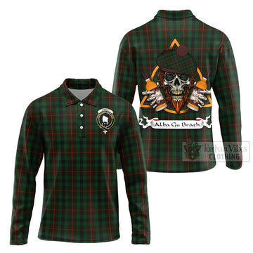 Tennant Tartan Long Sleeve Polo Shirt with Family Crest and Bearded Skull Holding Bottles of Whiskey Unisex - Tartan Vibes Clothing