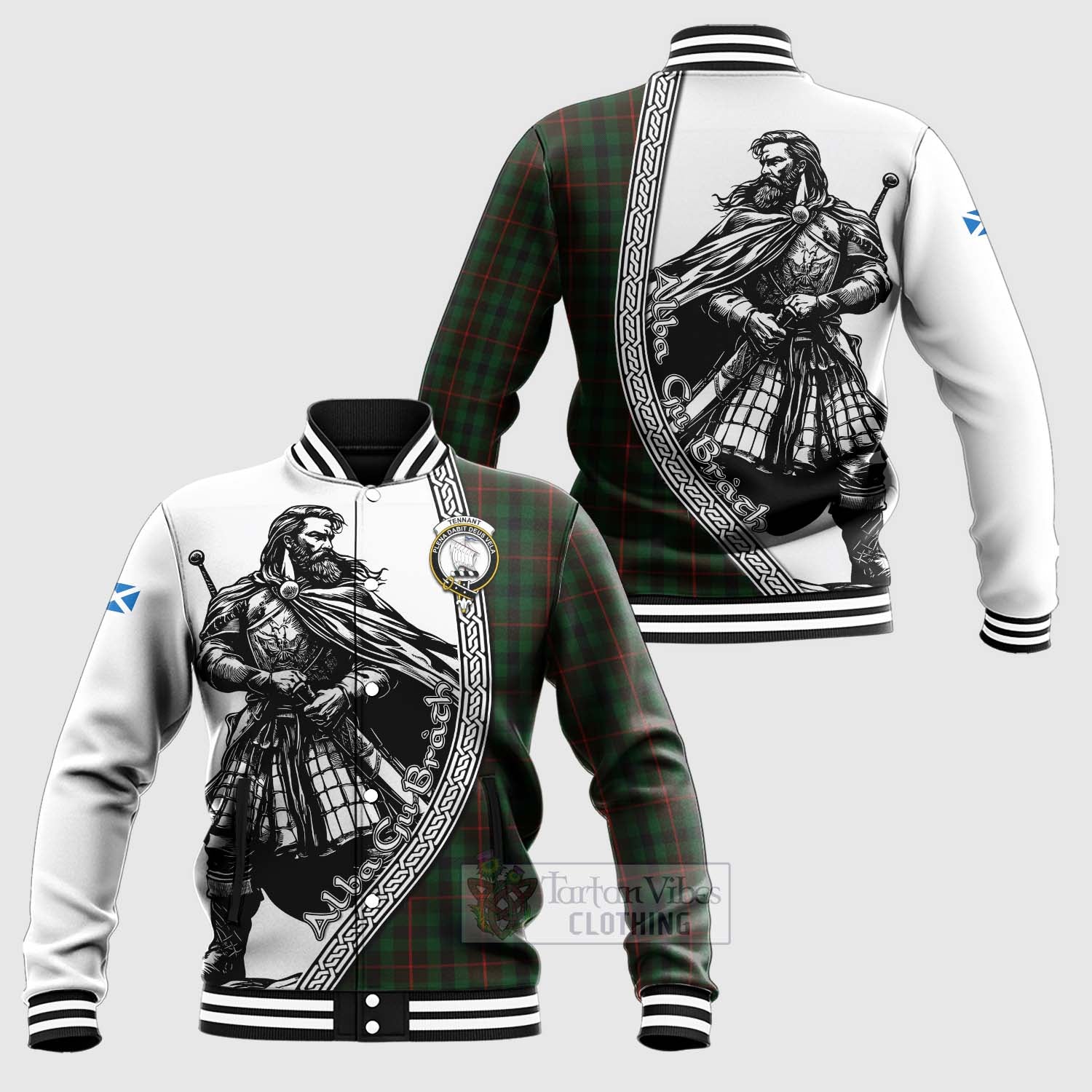Tennant Tartan Clan Crest Baseball Jacket with Highlander Warrior Celtic Style Unisex - Tartan Vibes Clothing