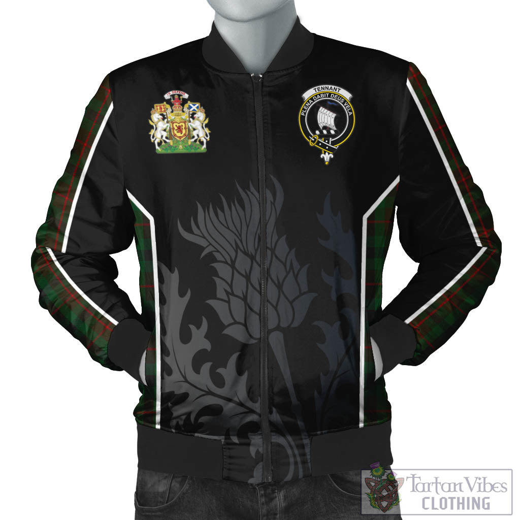 Tennant Tartan Bomber Jacket with Family Crest and Scottish Thistle Vibes Sport Style Unisex Black - Tartan Vibes Clothing