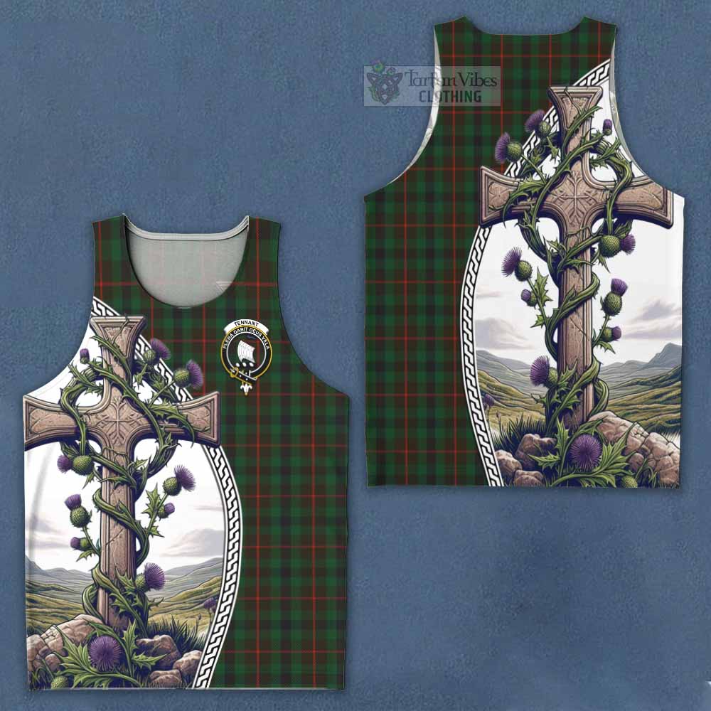 Tartan Vibes Clothing Tennant Tartan Men's Tank Top with Family Crest and St. Andrew's Cross Accented by Thistle Vines