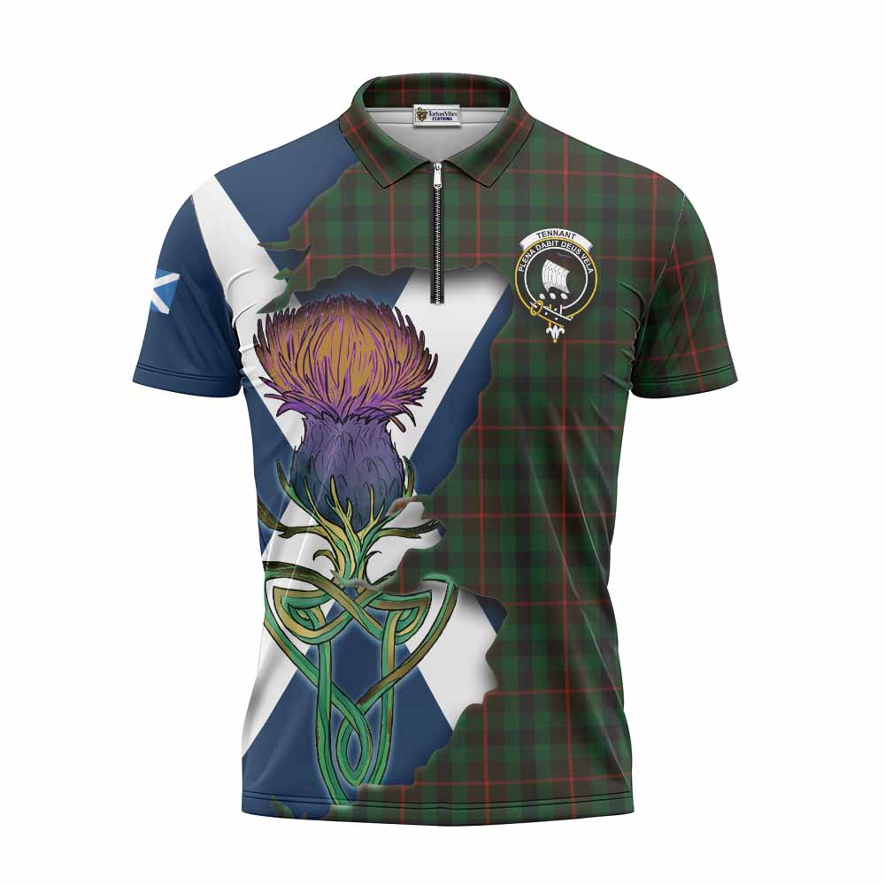 Tartan Vibes Clothing Tennant Tartan Family Crest Zipper Polo Shirt Scottish Thistle Celtic Inspired