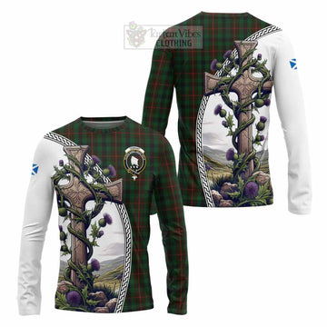 Tartan Vibes Clothing Tennant Tartan Long Sleeve T-Shirt with Family Crest and St. Andrew's Cross Accented by Thistle Vines