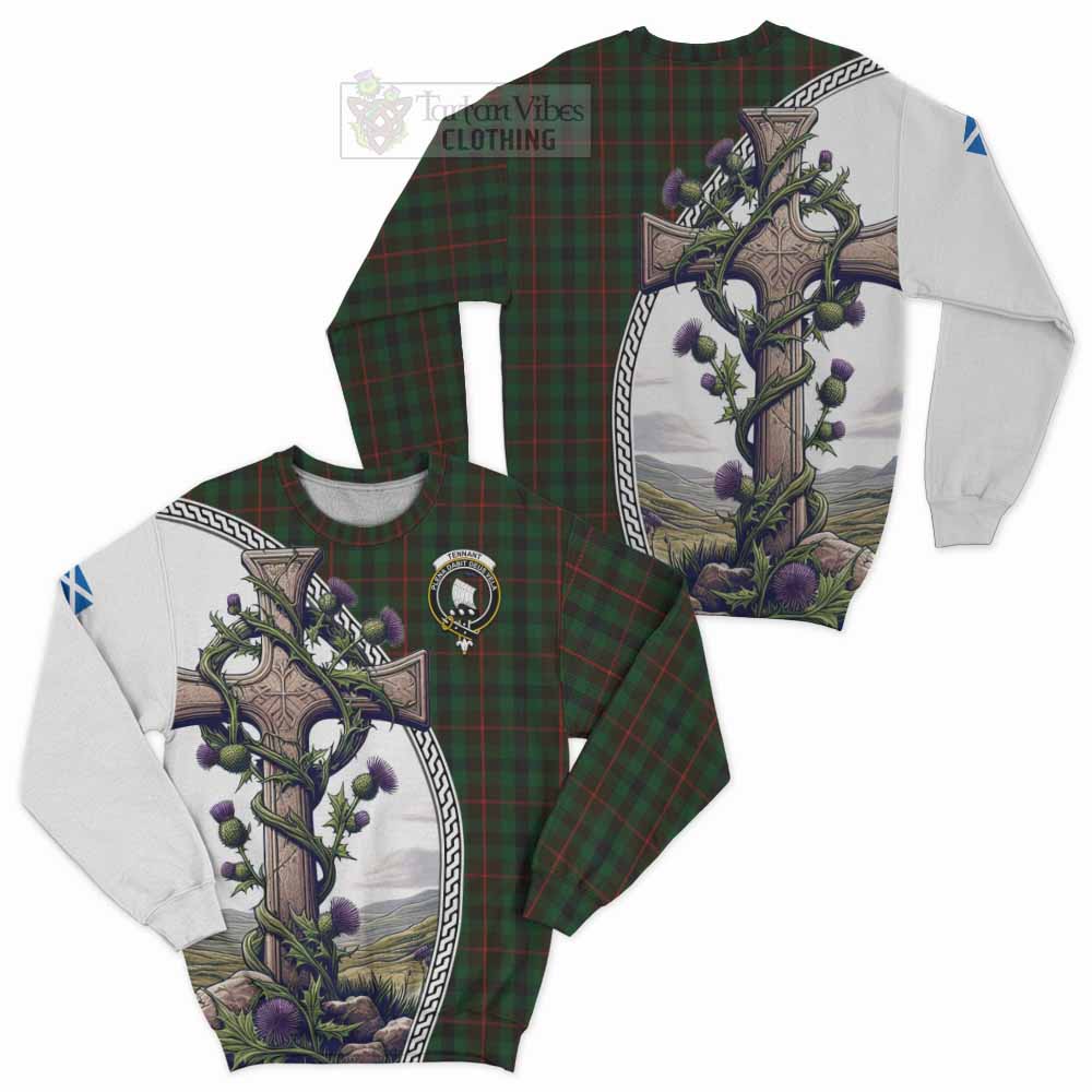 Tartan Vibes Clothing Tennant Tartan Sweatshirt with Family Crest and St. Andrew's Cross Accented by Thistle Vines