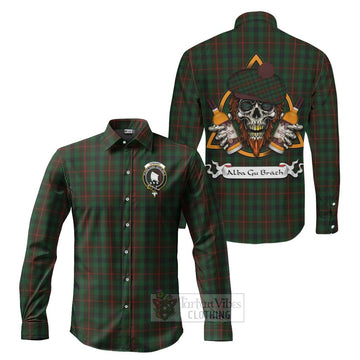 Tennant Tartan Long Sleeve Button Shirt with Family Crest and Bearded Skull Holding Bottles of Whiskey Men's Shirt S - Tartan Vibes Clothing