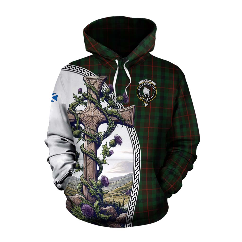 Tartan Vibes Clothing Tennant Tartan Cotton Hoodie with Family Crest and St. Andrew's Cross Accented by Thistle Vines
