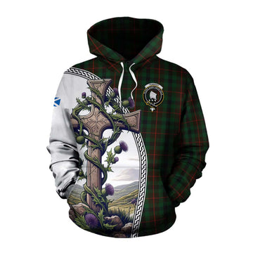 Tartan Vibes Clothing Tennant Tartan Cotton Hoodie with Family Crest and St. Andrew's Cross Accented by Thistle Vines