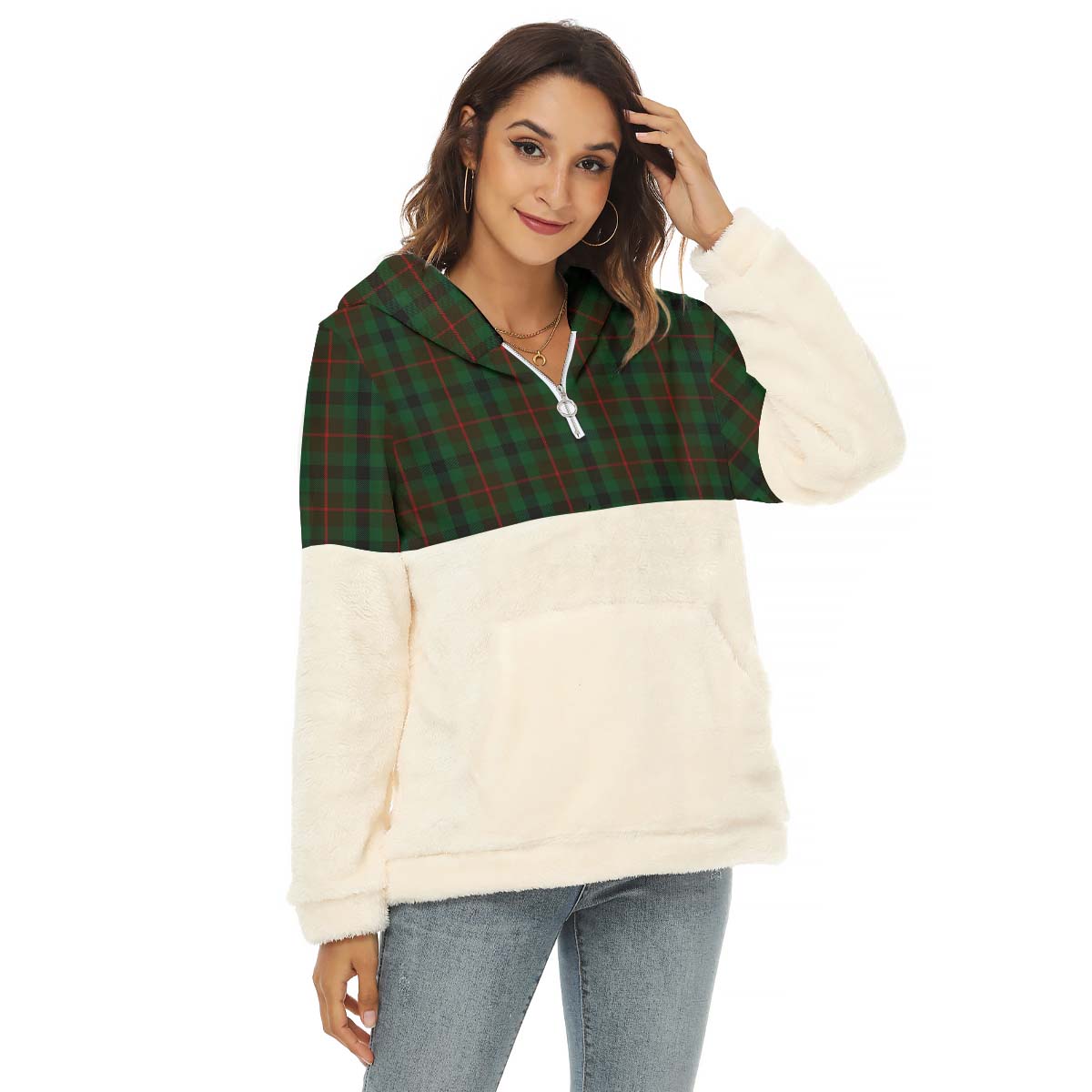 Tennant Tartan Half Style Women's Borg Fleece Hoodie with Half Zip Female - Tartan Vibes Clothing