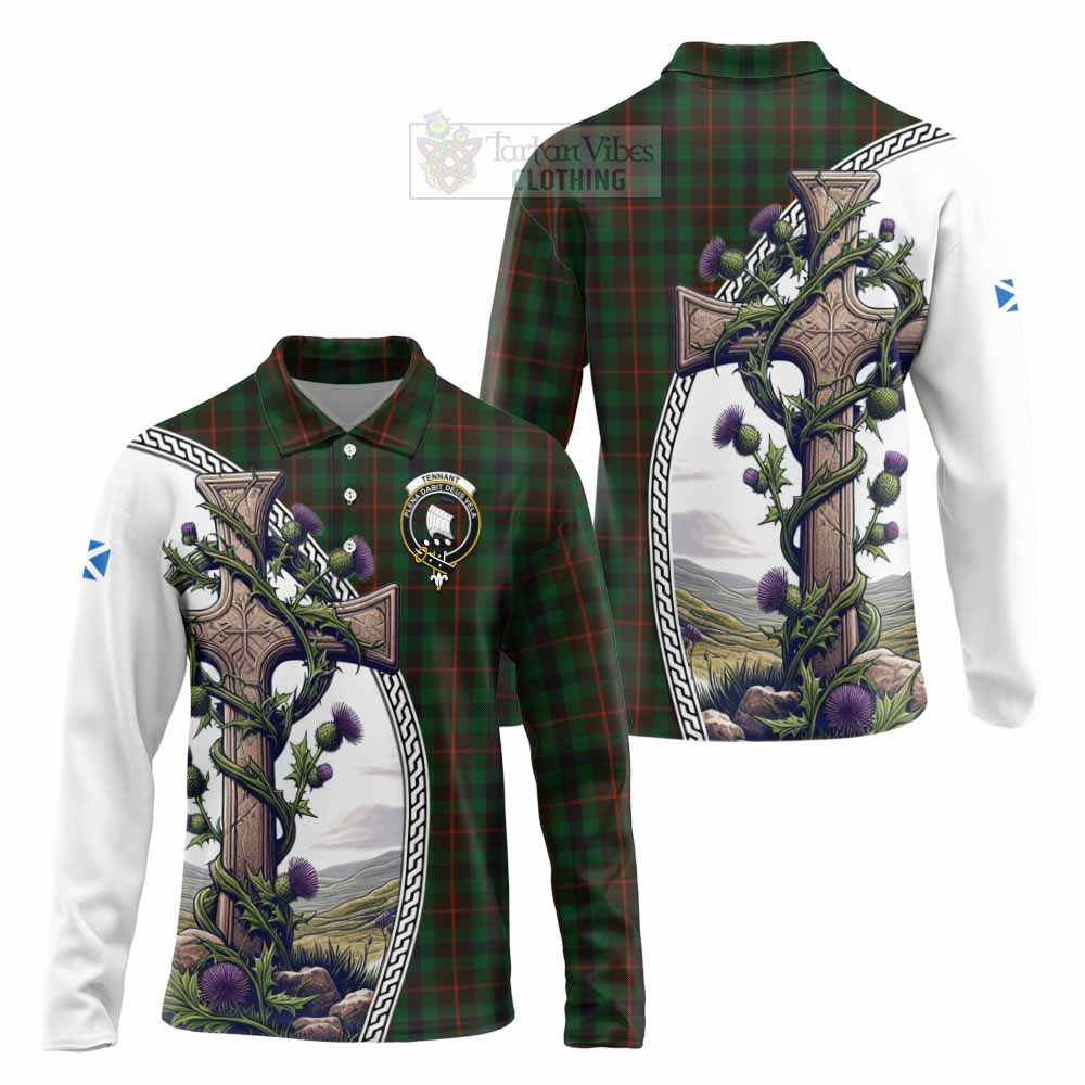 Tartan Vibes Clothing Tennant Tartan Long Sleeve Polo Shirt with Family Crest and St. Andrew's Cross Accented by Thistle Vines