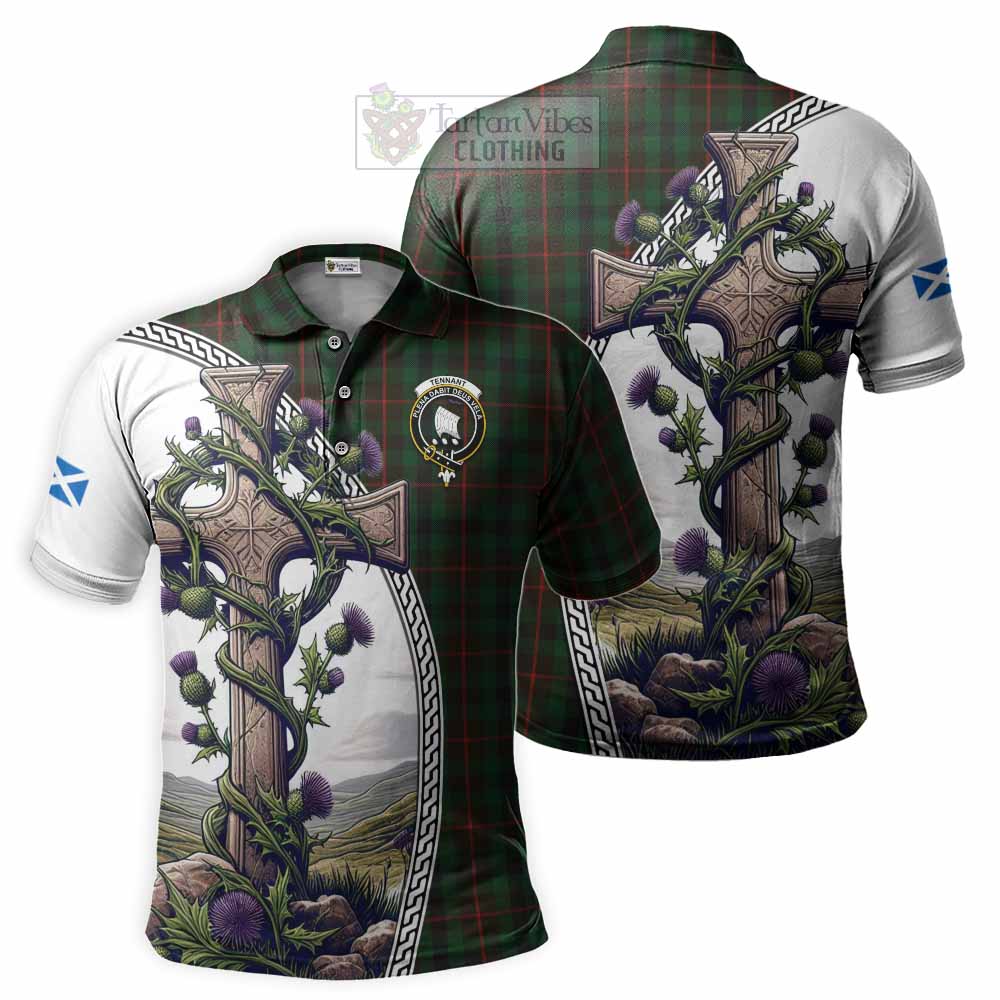 Tartan Vibes Clothing Tennant Tartan Polo Shirt with Family Crest and St. Andrew's Cross Accented by Thistle Vines