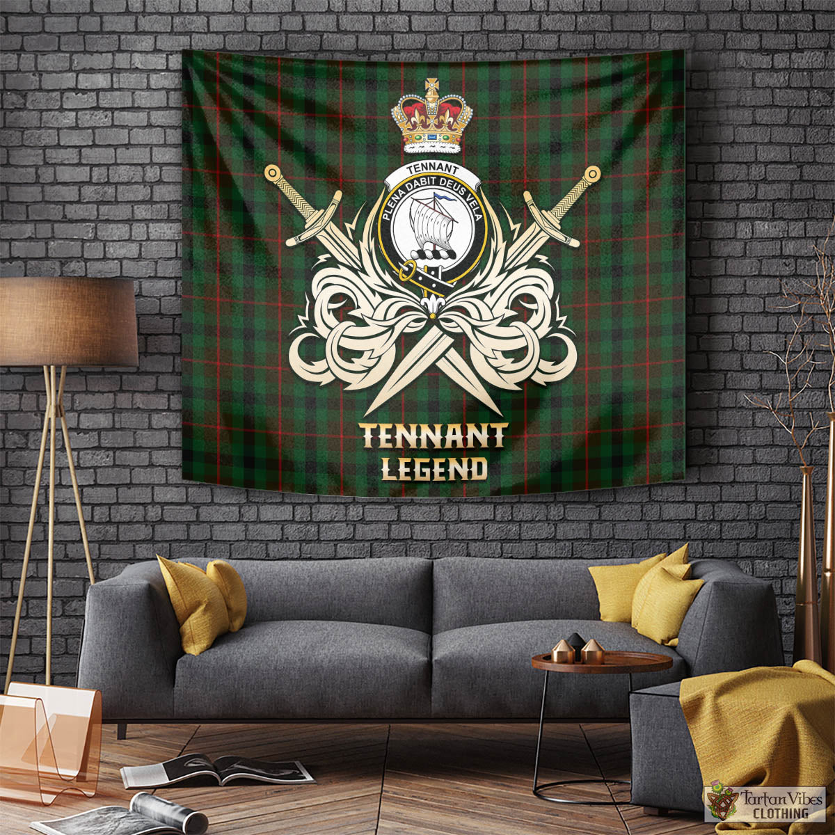 Tartan Vibes Clothing Tennant Tartan Tapestry with Clan Crest and the Golden Sword of Courageous Legacy