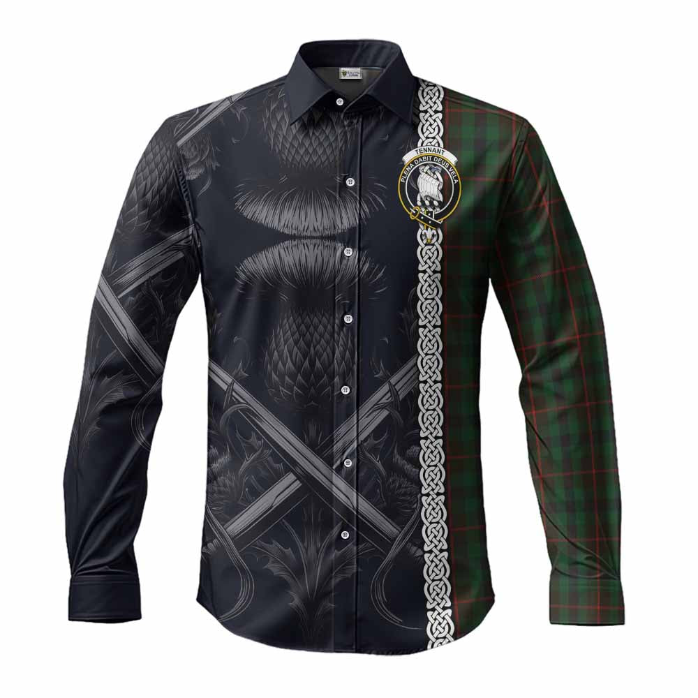 Tartan Vibes Clothing Tennant Tartan Long Sleeve Button Shirt with Family Crest Cross Sword Thistle Celtic Vibes
