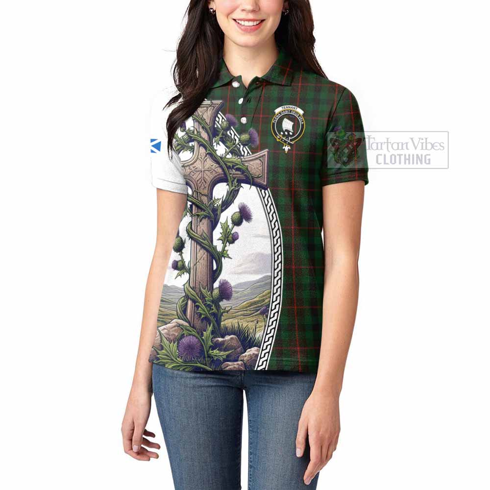 Tartan Vibes Clothing Tennant Tartan Women's Polo Shirt with Family Crest and St. Andrew's Cross Accented by Thistle Vines