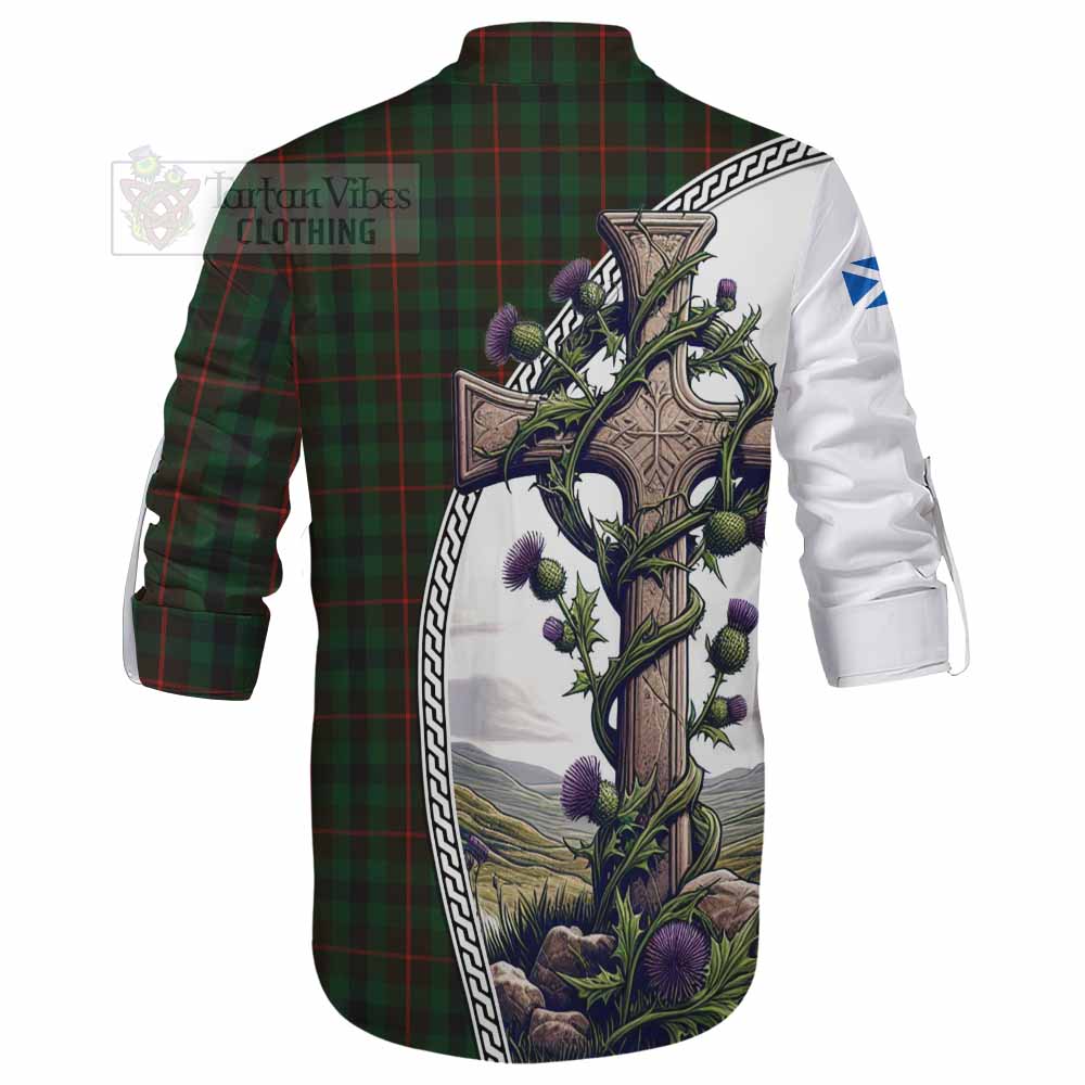 Tartan Vibes Clothing Tennant Tartan Ghillie Kilt Shirt with Family Crest and St. Andrew's Cross Accented by Thistle Vines